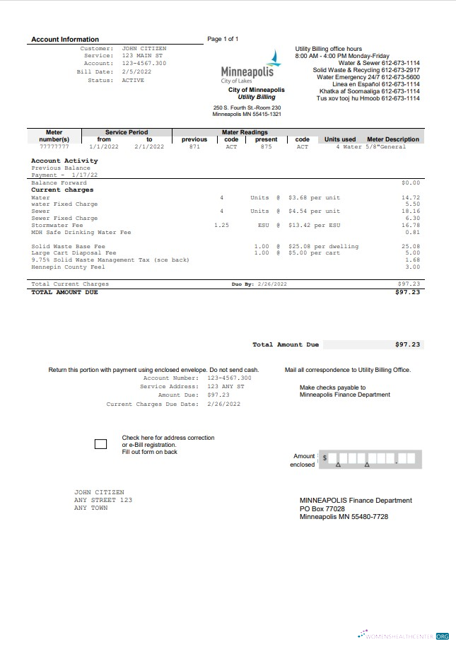 download USA Minnesota Minneapolis City of Lakes utility bill template in Word and PDF format PDF template